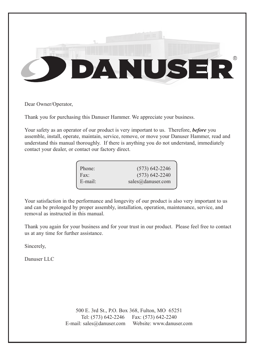 Letter to the owner/operator | Danuser LM40 Hammer User Manual | Page 2 / 30