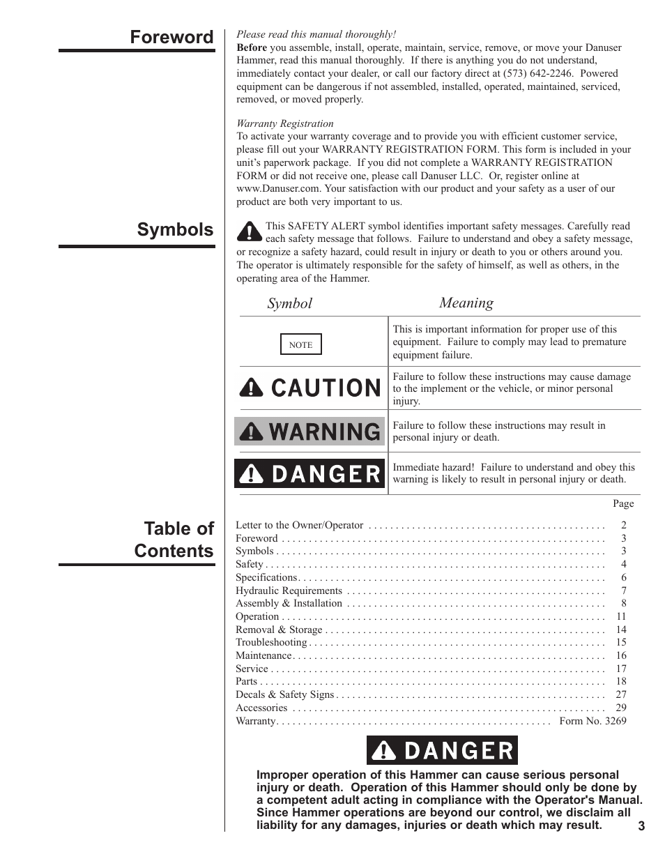 Foreword, Symbols, Foreword symbols table of contents | Symbol meaning | Danuser LM40 Hammer User Manual | Page 3 / 30