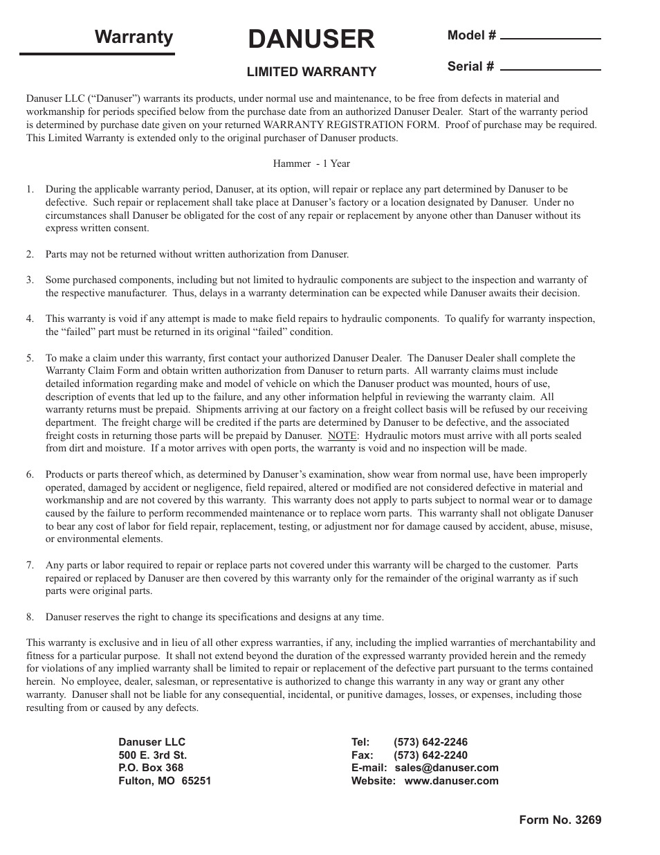 Warranty, Danuser | Danuser SM40 Hammer User Manual | Page 30 / 30