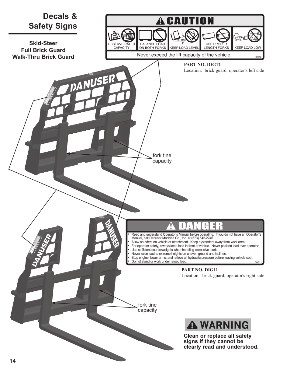 Decals & safety signs | Danuser Pallet Forks User Manual | Page 14 / 18