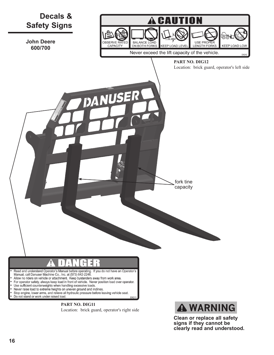 Decals & safety signs | Danuser Pallet Forks User Manual | Page 16 / 18