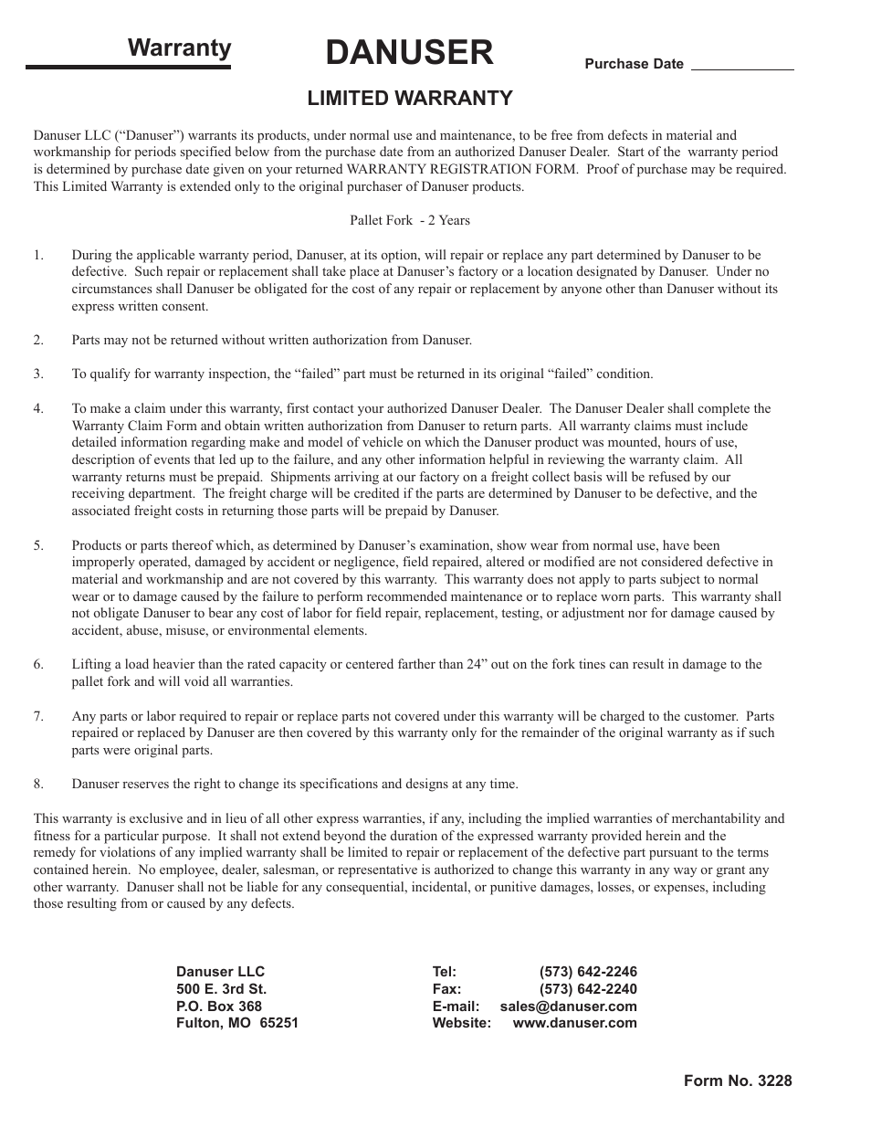 Warranty, Danuser, Limited warranty | Danuser Pallet Forks User Manual | Page 18 / 18