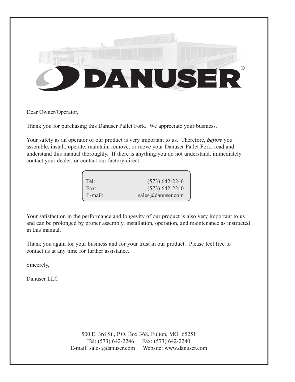 Letter to the owner/operator | Danuser Pallet Forks User Manual | Page 2 / 18