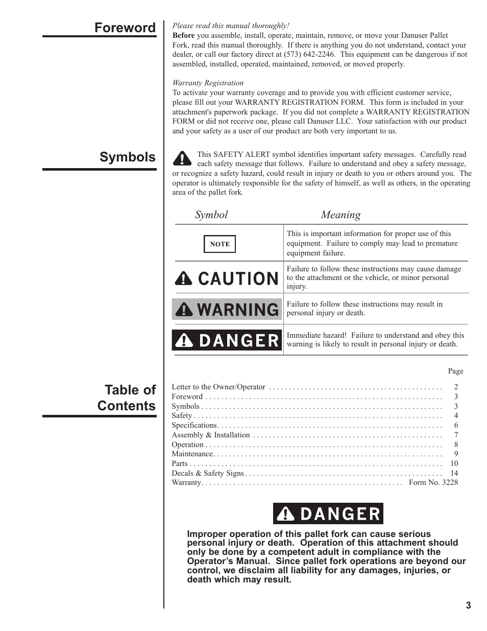 Foreword, Symbols, Foreword symbols table of contents | Symbol meaning | Danuser Pallet Forks User Manual | Page 3 / 18