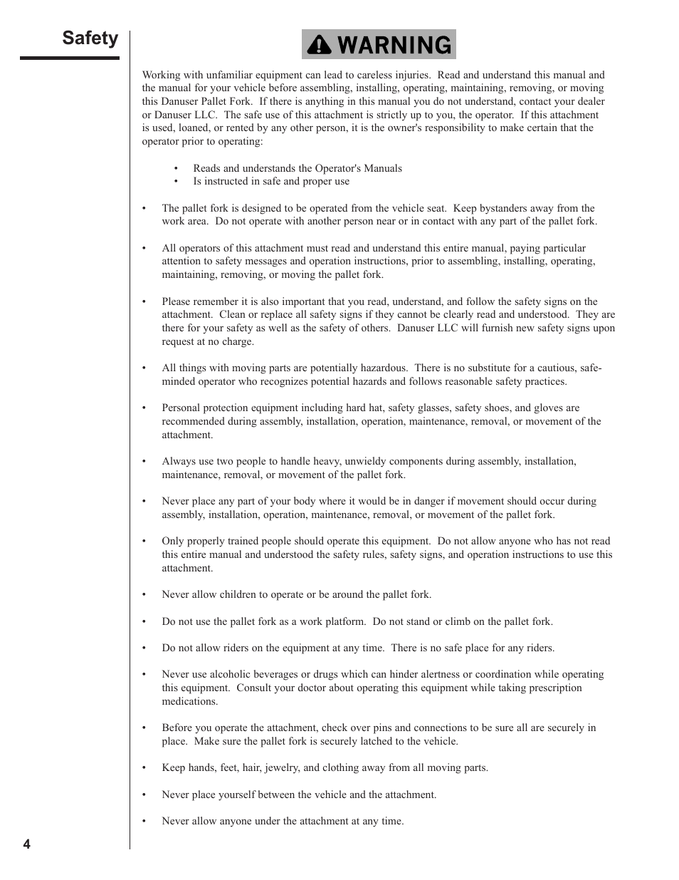 Safety | Danuser Pallet Forks User Manual | Page 4 / 18