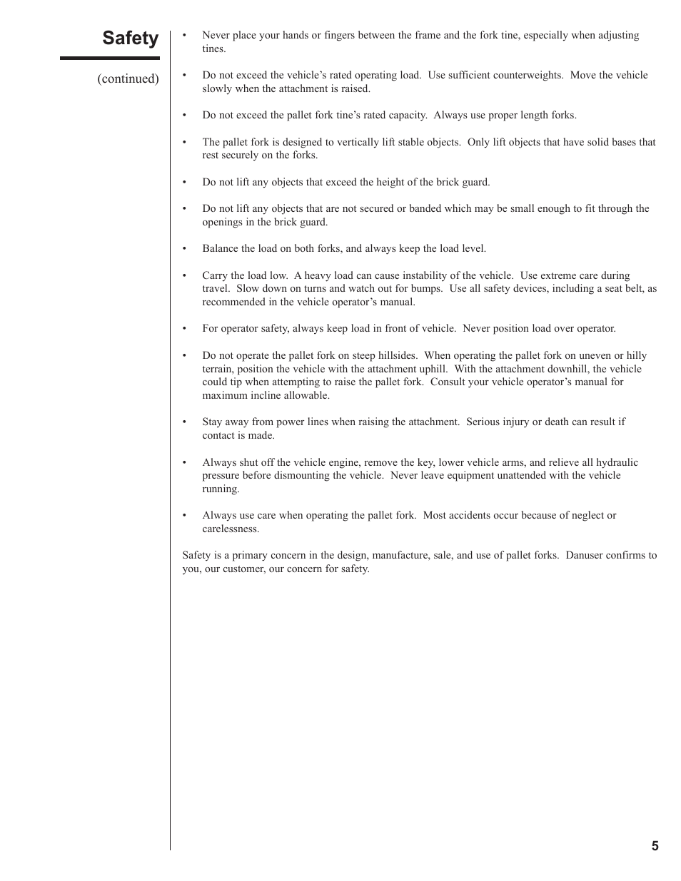 Safety | Danuser Pallet Forks User Manual | Page 5 / 18