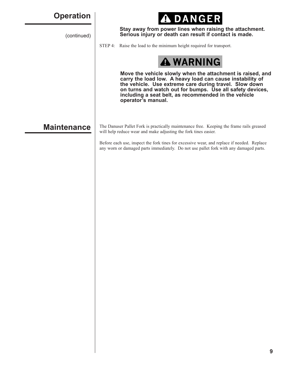 Maintenance, Operation | Danuser Pallet Forks User Manual | Page 9 / 18