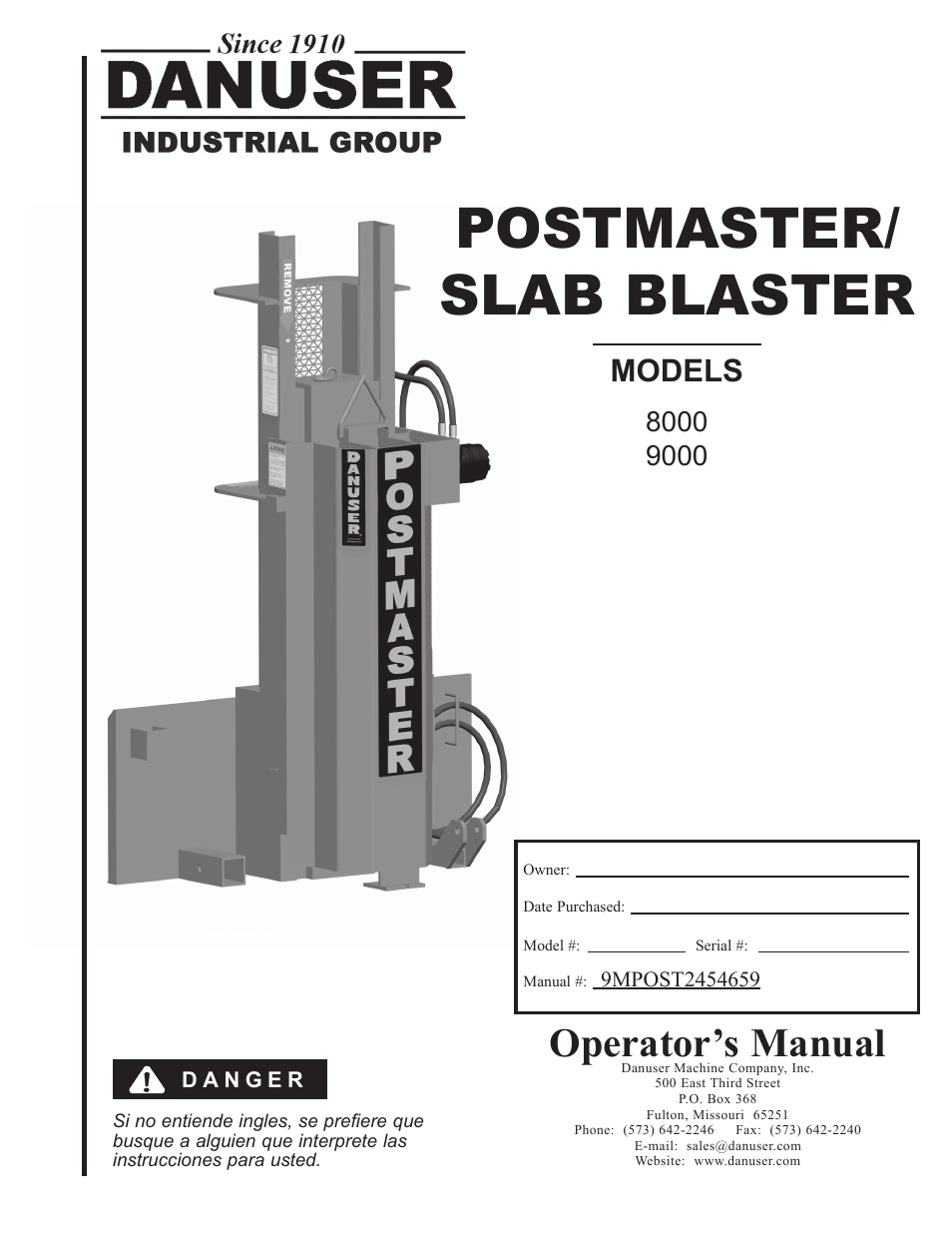 Danuser 9000 Postmaster/SlabBlaster User Manual | 34 pages