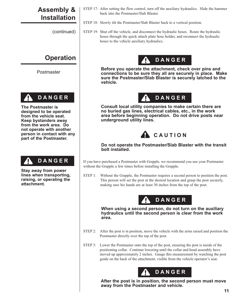 Operation, Assembly & installation | Danuser 9000 Postmaster/SlabBlaster User Manual | Page 11 / 34