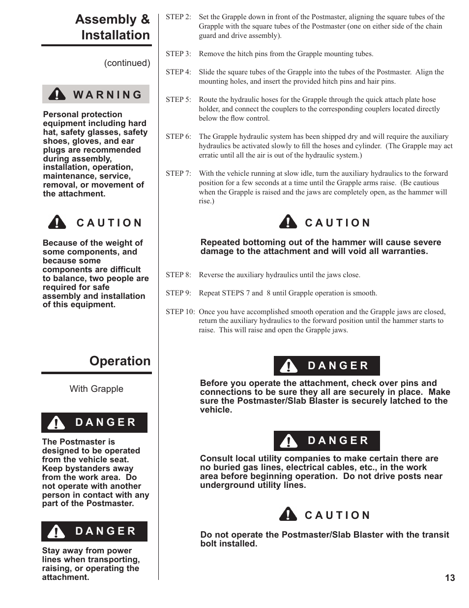Assembly & installation, Operation | Danuser 9000 Postmaster/SlabBlaster User Manual | Page 13 / 34