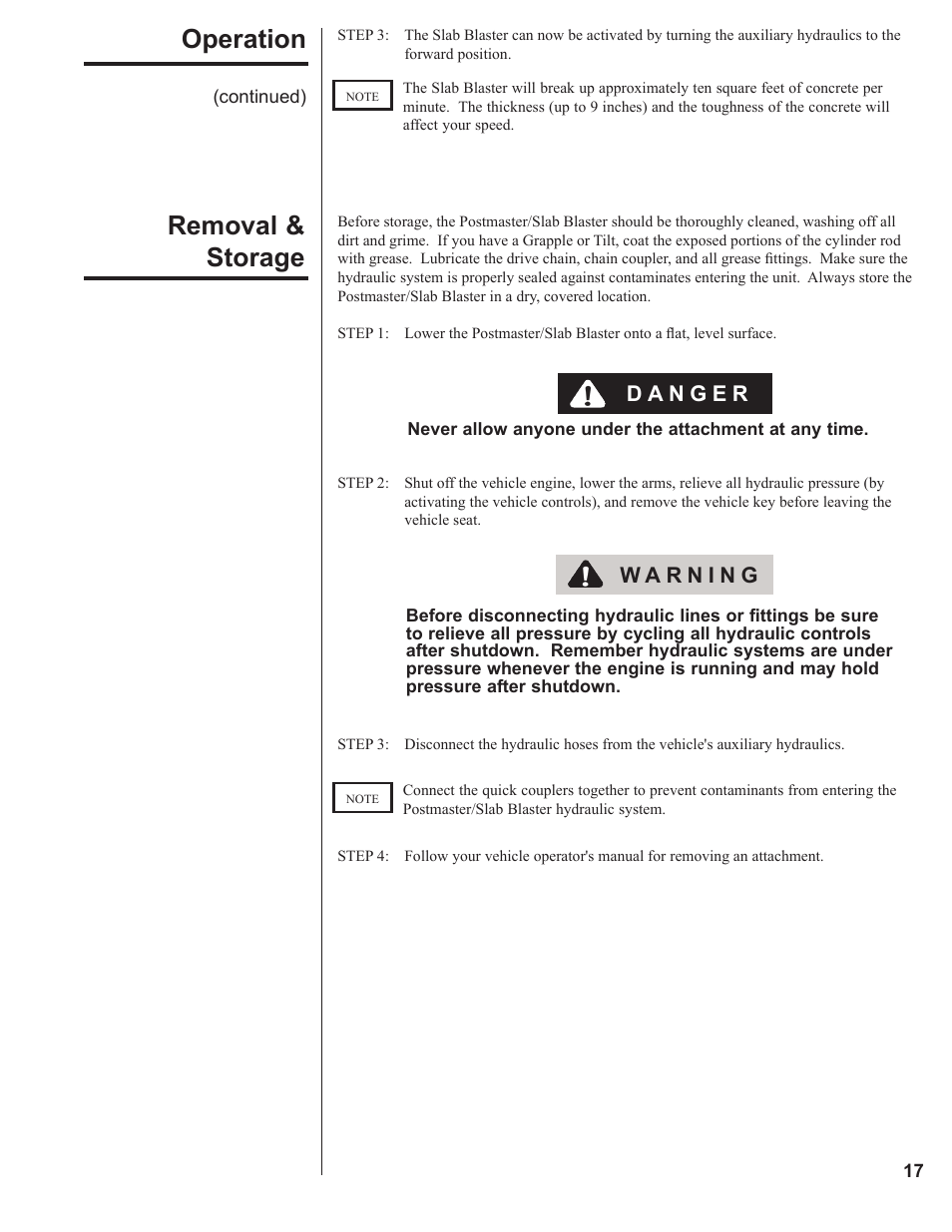 Removal & storage, Operation | Danuser 9000 Postmaster/SlabBlaster User Manual | Page 17 / 34