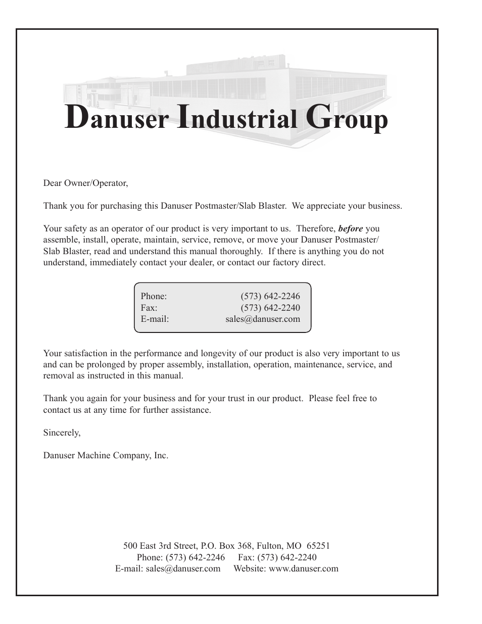 Letter to the owner/operator, Anuser, Ndustrial | Roup | Danuser 9000 Postmaster/SlabBlaster User Manual | Page 2 / 34