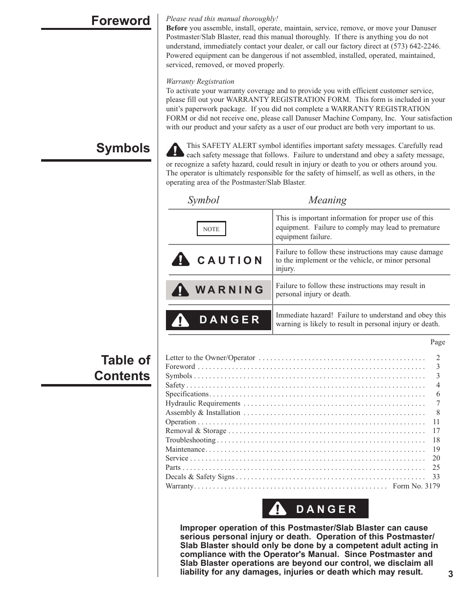 Foreword, Symbols, Foreword symbols table of contents | Symbol meaning | Danuser 9000 Postmaster/SlabBlaster User Manual | Page 3 / 34