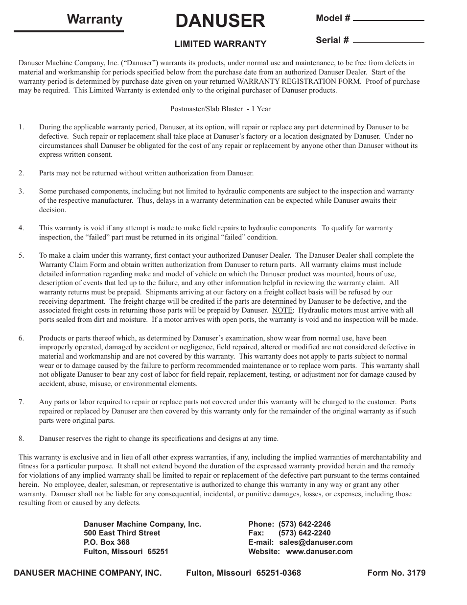 Warranty, Danuser | Danuser 9000 Postmaster/SlabBlaster User Manual | Page 34 / 34