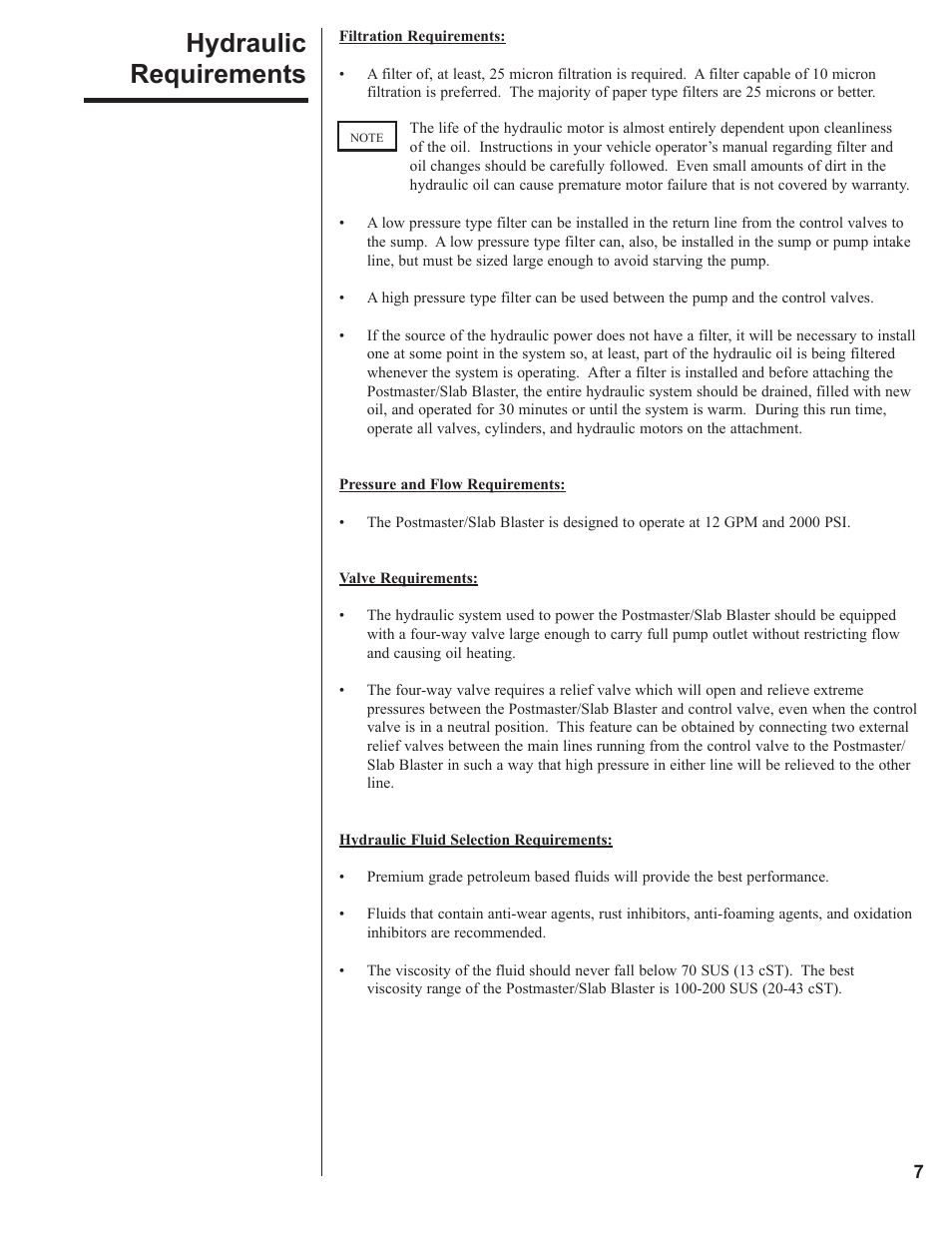 Hydraulic requirements | Danuser 9000 Postmaster/SlabBlaster User Manual | Page 7 / 34