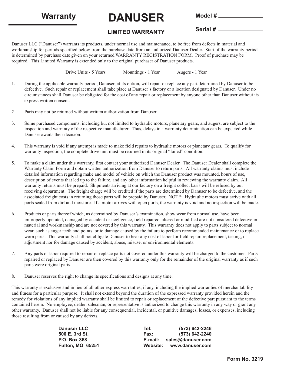 Warranty, Danuser | Danuser 2035 Round User Manual | Page 22 / 22