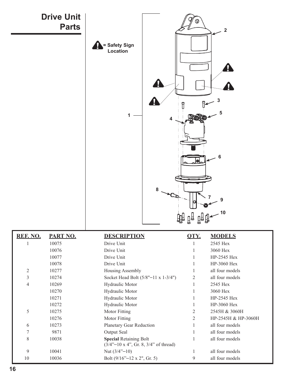 Drive unit parts | Danuser HP-3060 Hex User Manual | Page 16 / 20