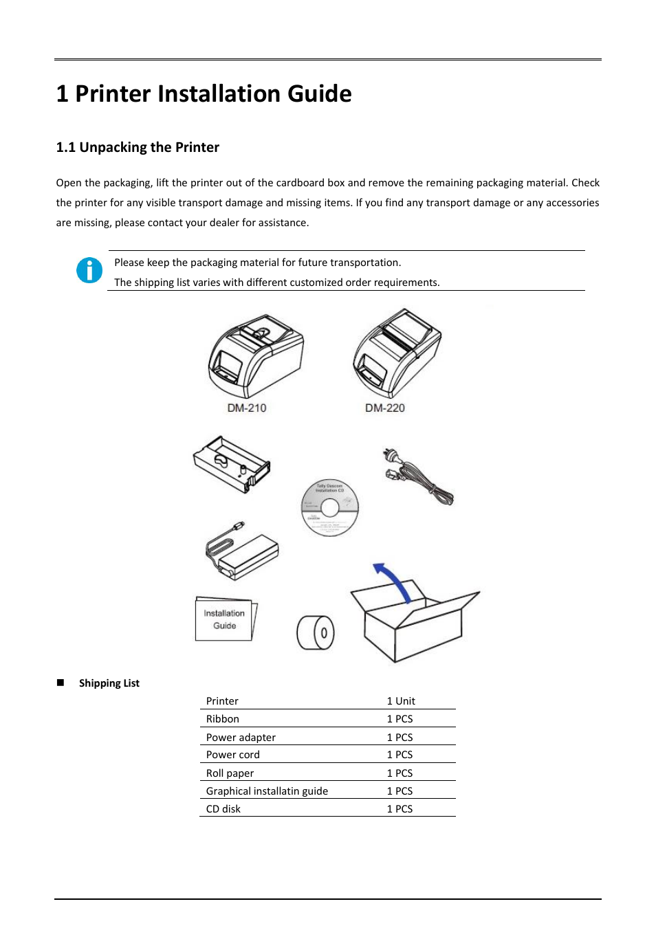 1 printer installation guide, 1 unpacking the printer | Dascom DM-220 User Guide User Manual | Page 13 / 53