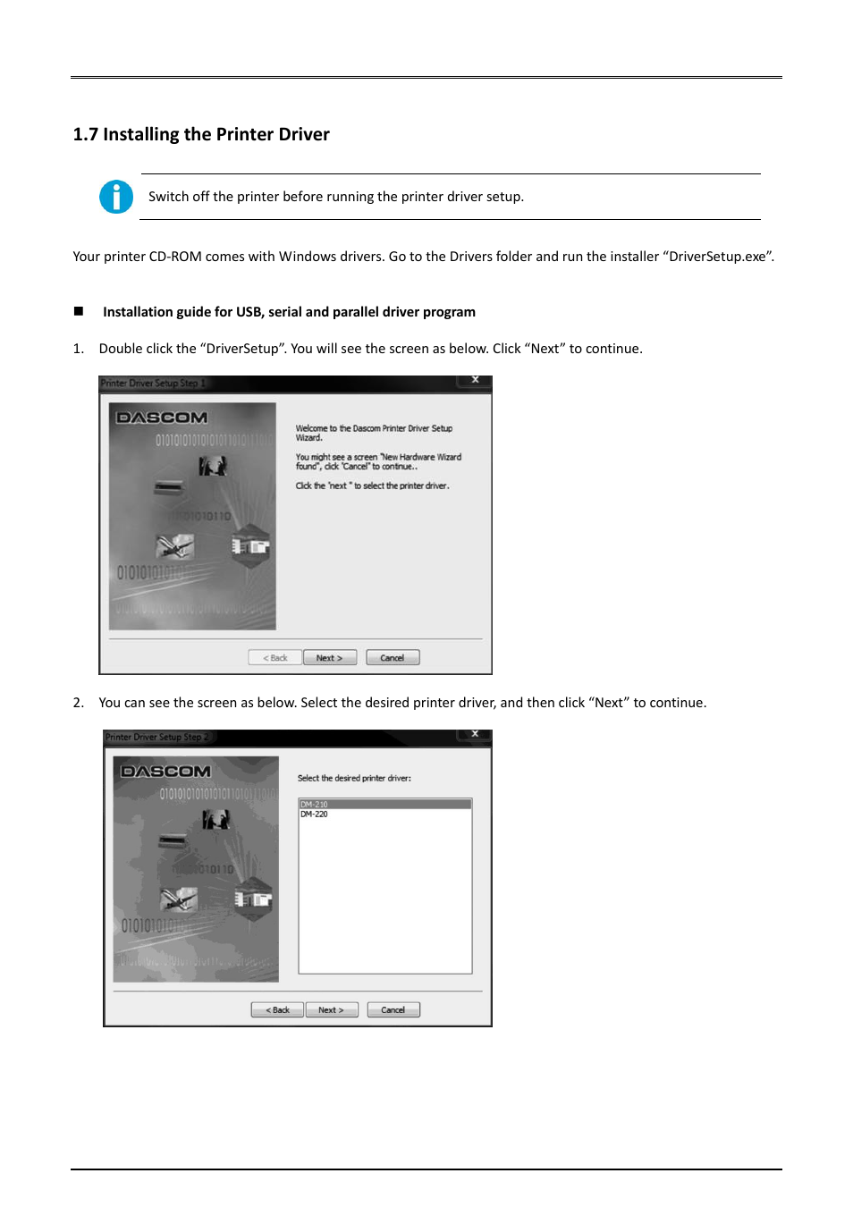 7 installing the printer driver | Dascom DM-220 User Guide User Manual | Page 20 / 53