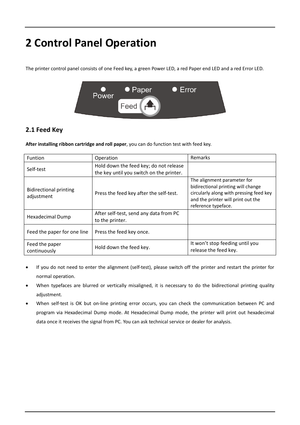 2 control panel operation, 1 feed key | Dascom DM-220 User Guide User Manual | Page 22 / 53