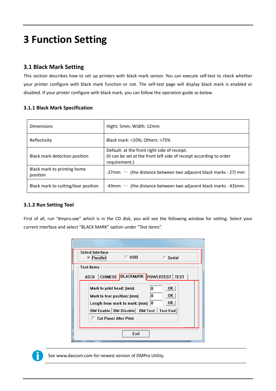 3 function setting, 1 black mark setting, 1 black mark specification | 2 run setting tool, 1 black mark specification 3.1.2 run setting tool | Dascom DM-220 User Guide User Manual | Page 25 / 53