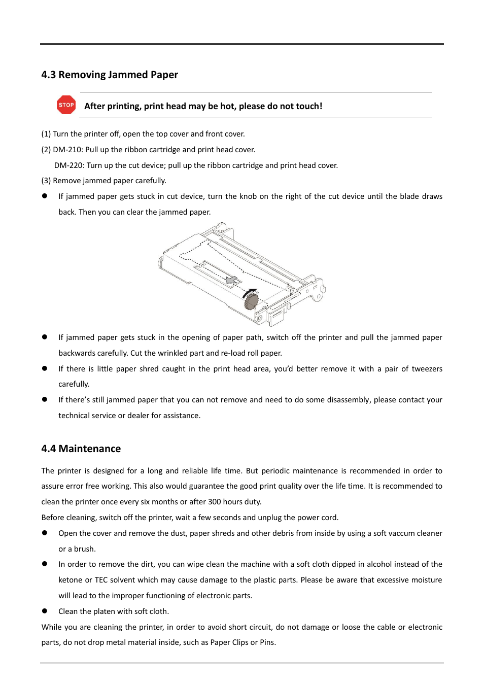 3 removing jammed paper, 4 maintenance, 3 removing jammed paper 4.4 maintenance | Dascom DM-220 User Guide User Manual | Page 31 / 53