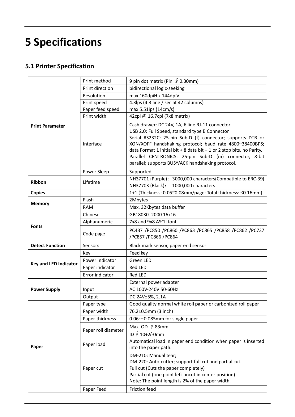 5 specifications, 1 printer specification | Dascom DM-220 User Guide User Manual | Page 32 / 53
