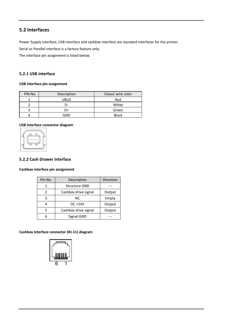 2 interfaces, 1 usb interface, 2 cash drawer | 1 usb interface 5.2.2 cash drawer interface | Dascom DM-220 User Guide User Manual | Page 34 / 53