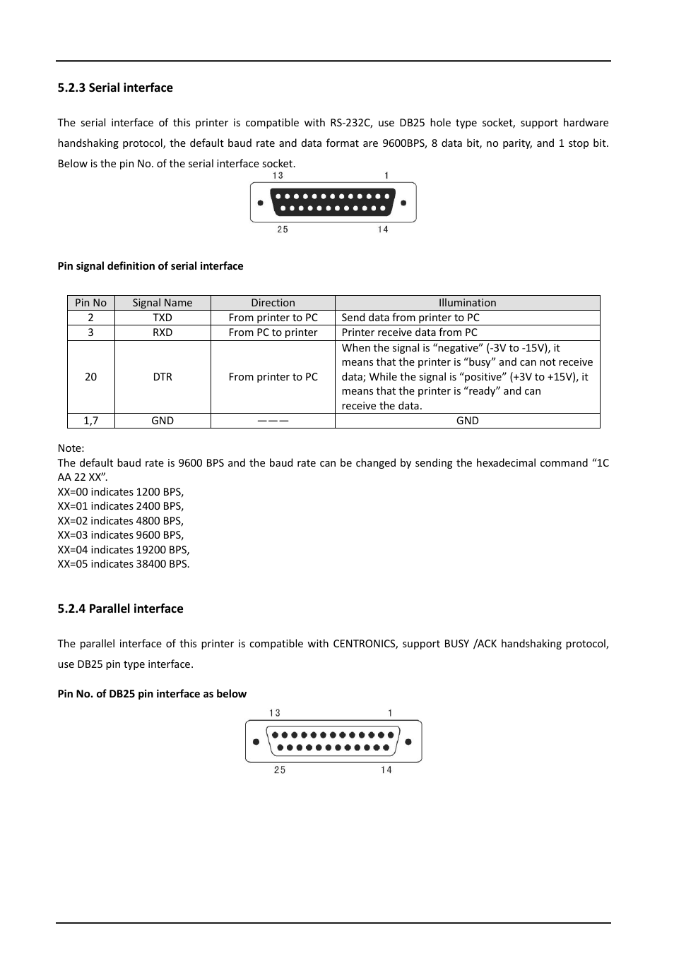 3 serial interface serial, 4 parallel interface, 3 serial interface 5.2.4 parallel interface | Dascom DM-220 User Guide User Manual | Page 35 / 53