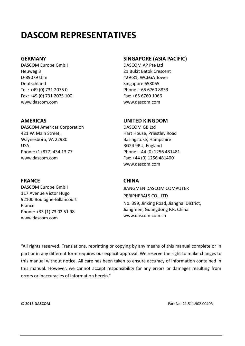 Dascom representatives | Dascom DM-220 User Guide User Manual | Page 53 / 53