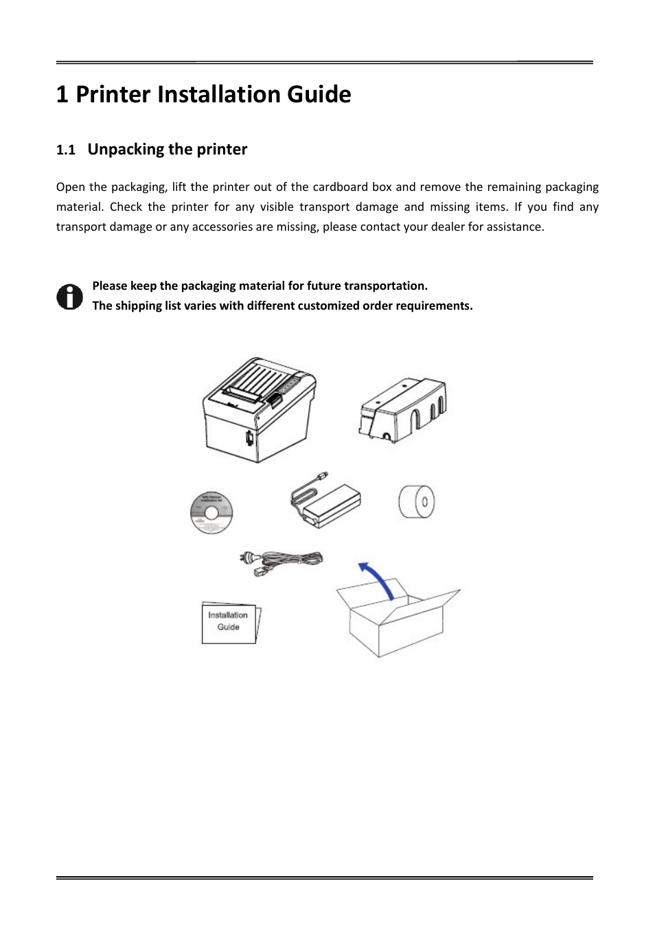 1 printer installation guide, 1 unpacking the printer, Unpacking the printer | Dascom DT-230 User Guide User Manual | Page 12 / 64