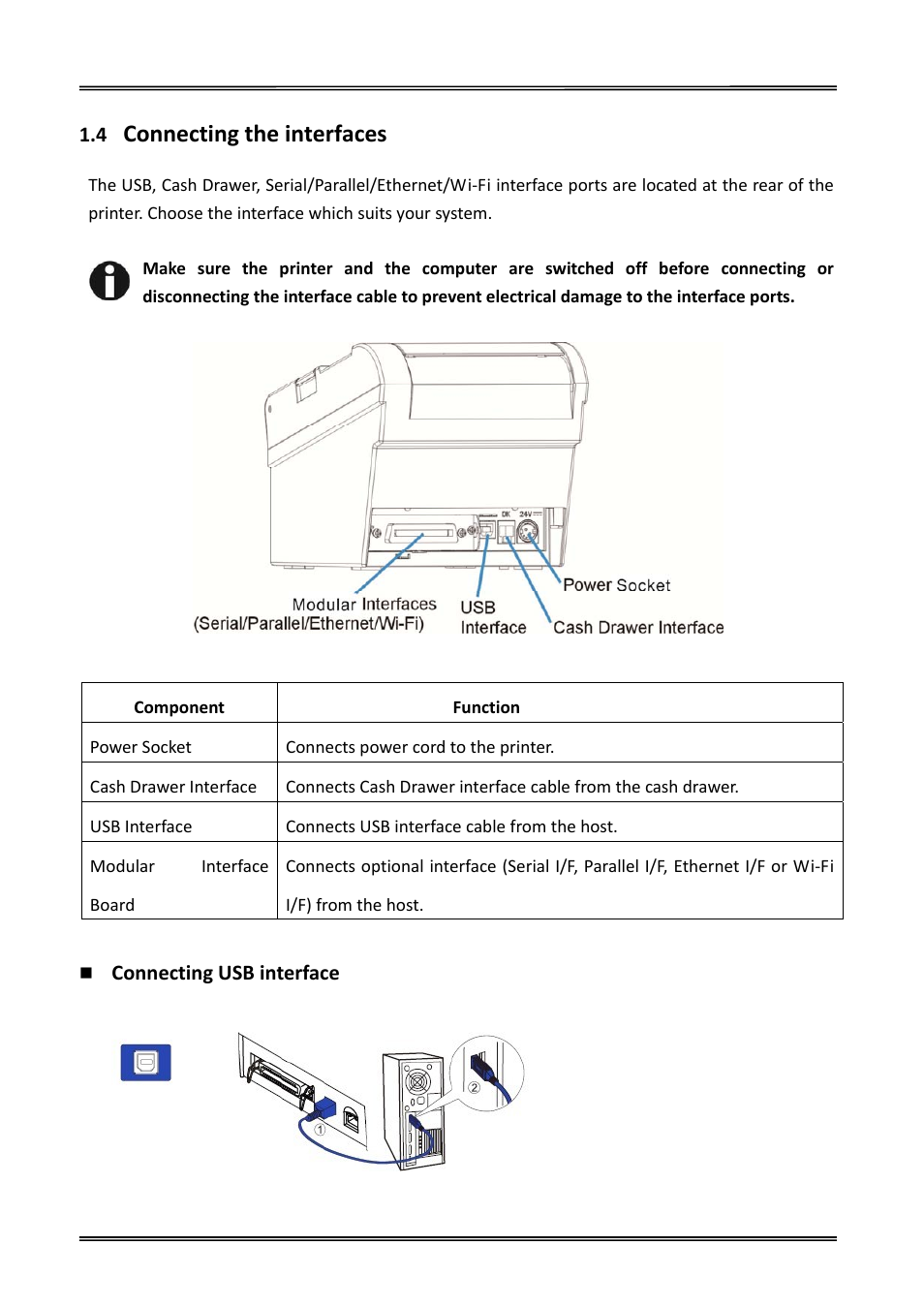4 connecting the interfaces, Connecting the interfaces, Connecting usb interface | Dascom DT-230 User Guide User Manual | Page 15 / 64