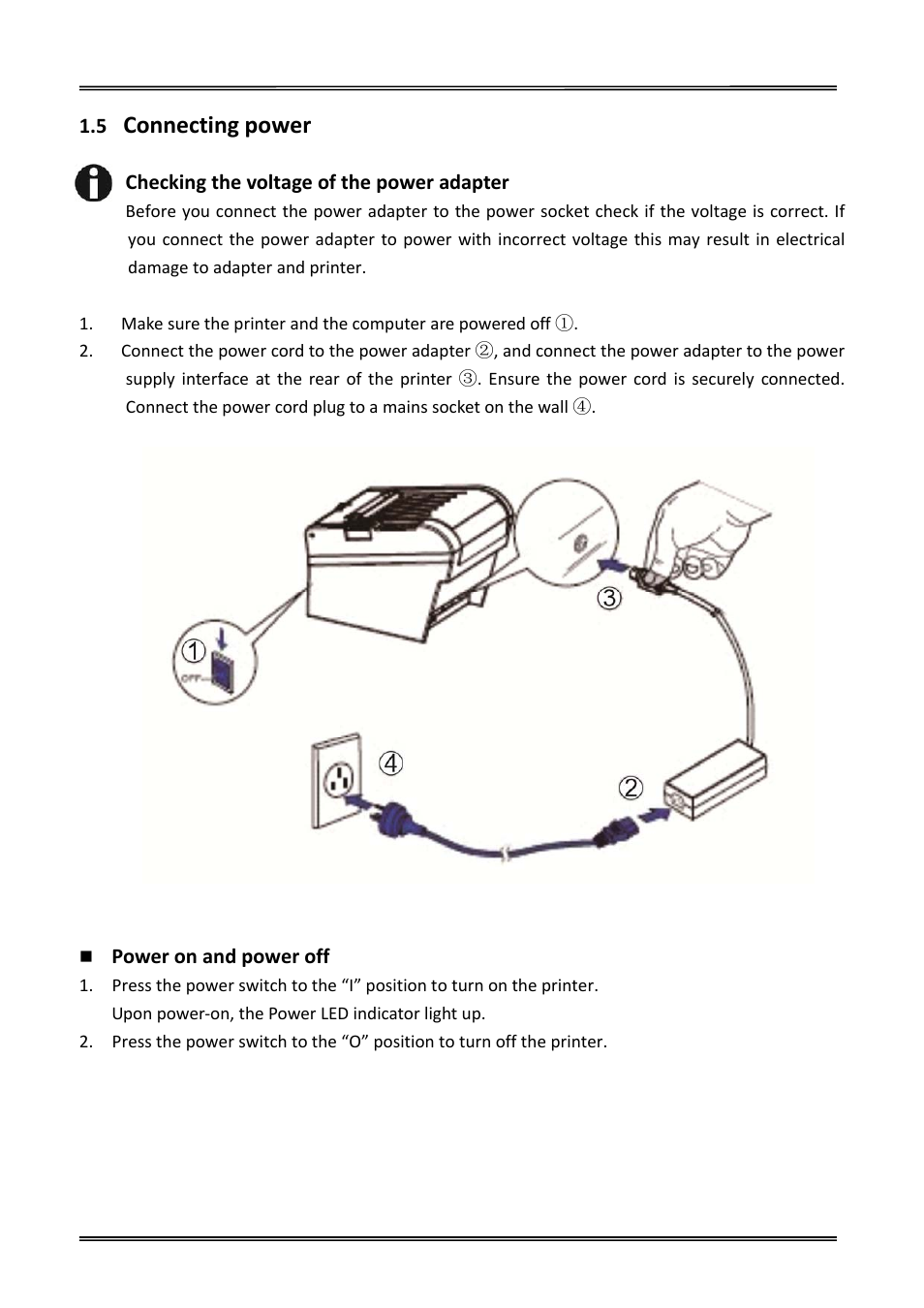 5 connecting power, Connecting power, Checking the voltage of the power adapter | Power on and power off | Dascom DT-230 User Guide User Manual | Page 17 / 64