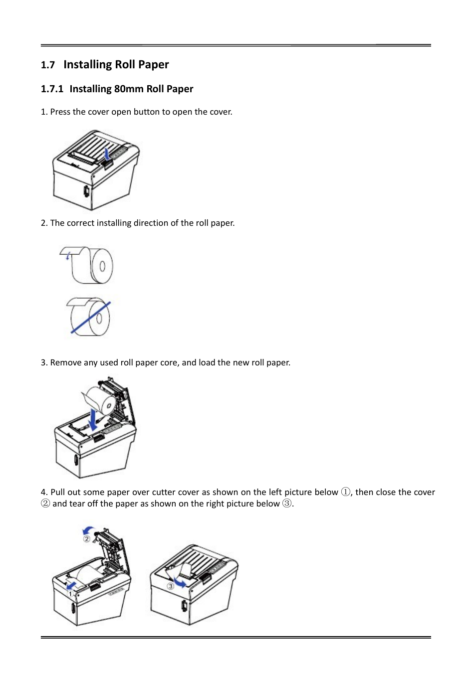 7 installing roll paper, 1 installing 80mm roll paper, Installing roll paper | Installing 80mm roll paper | Dascom DT-230 User Guide User Manual | Page 19 / 64
