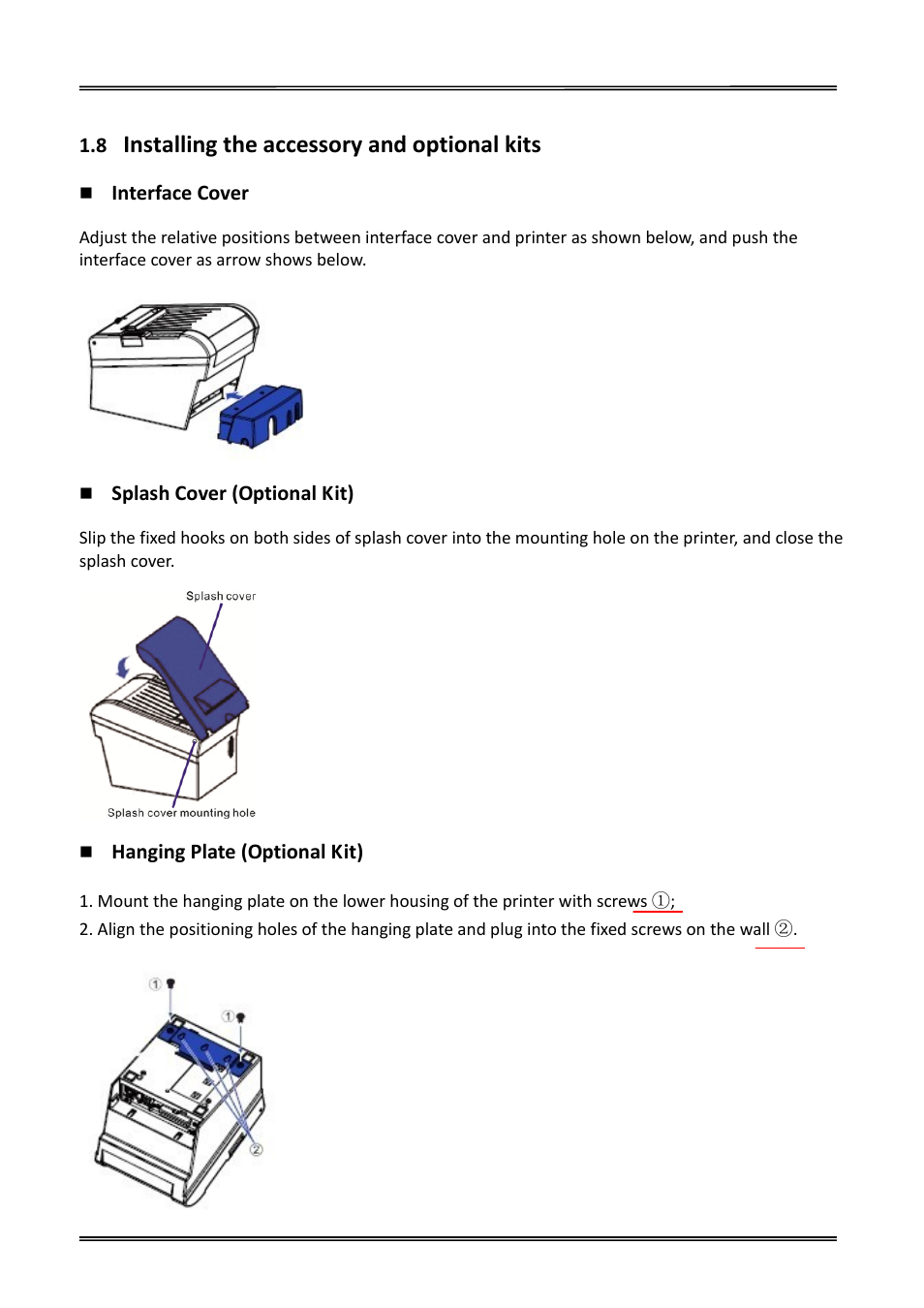 8 installing the accessory and optional kits, Installing the accessory and optional kits, Interface cover | Splash cover (optional kit), Hanging plate (optional kit) | Dascom DT-230 User Guide User Manual | Page 21 / 64