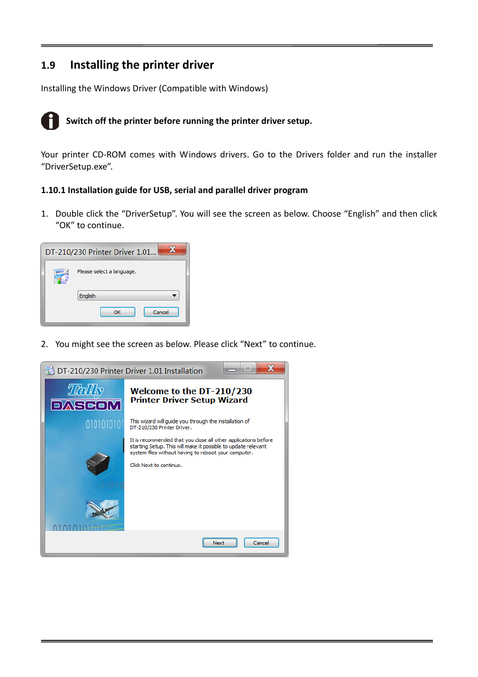 9 installing the printer driver, Installing the printer driver | Dascom DT-230 User Guide User Manual | Page 22 / 64