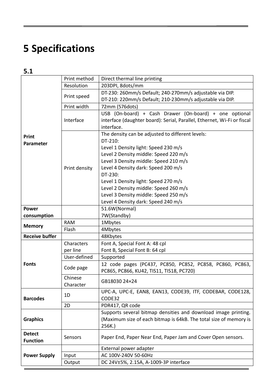 5 specifications, 1 printer specification, Printer specification | Dascom DT-230 User Guide User Manual | Page 36 / 64