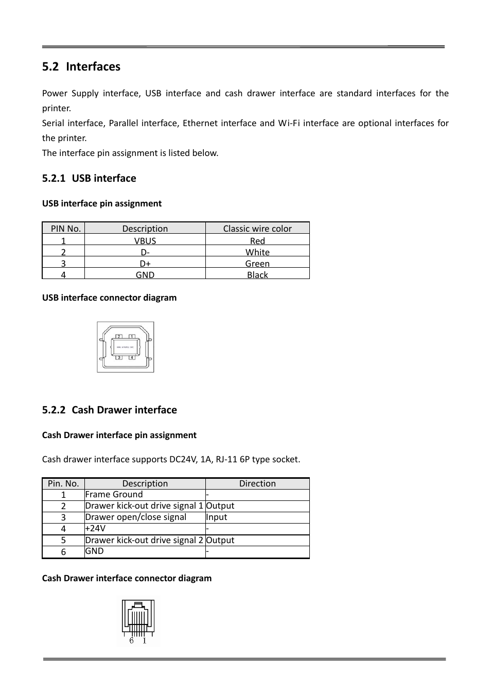 2 interfaces, 1 usb interface, 2 cash drawer interface | Interfaces, Usb interface, Cash drawer interface | Dascom DT-230 User Guide User Manual | Page 38 / 64