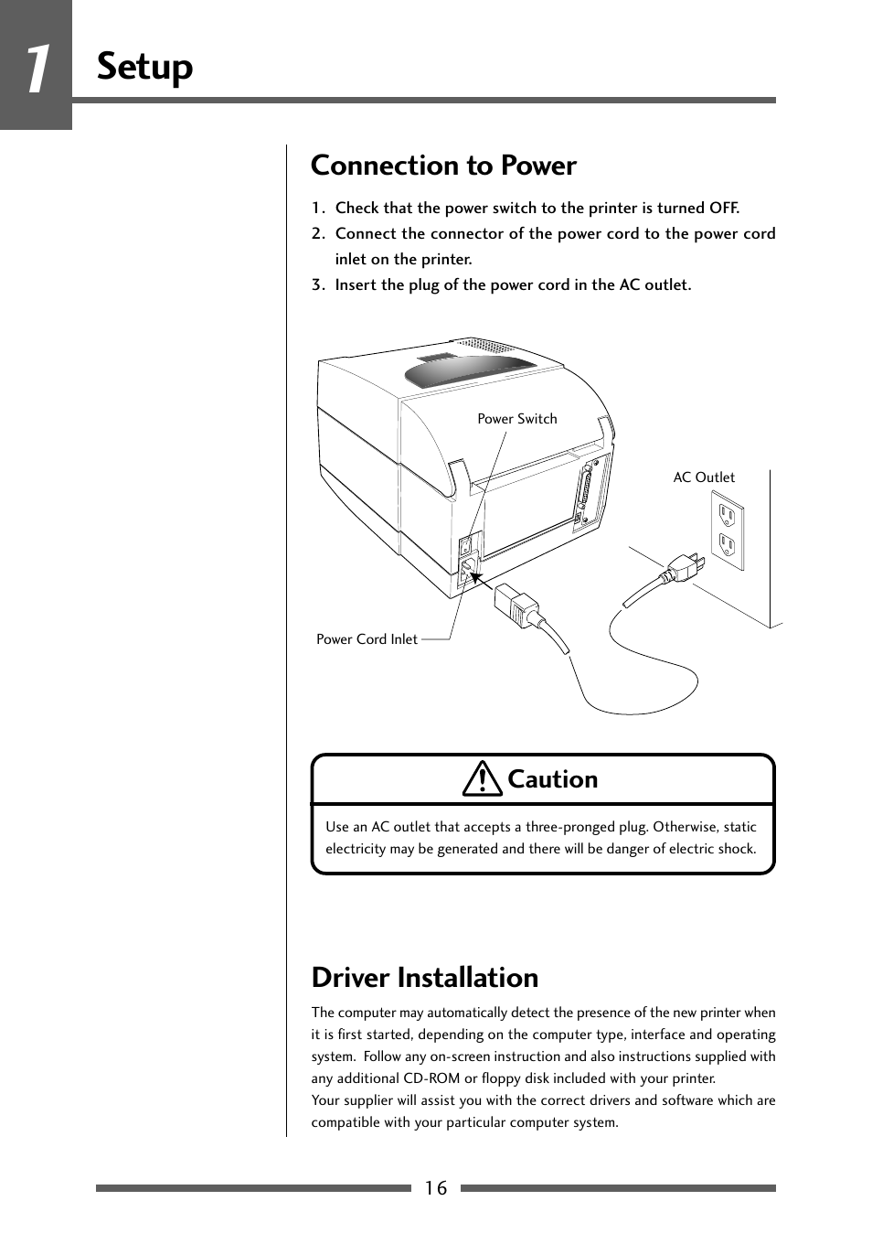 Connection to power, Driver installation, Connection to power driver installation | Connection to power (p.16), Setup | Dascom 7106 User Guide User Manual | Page 16 / 56