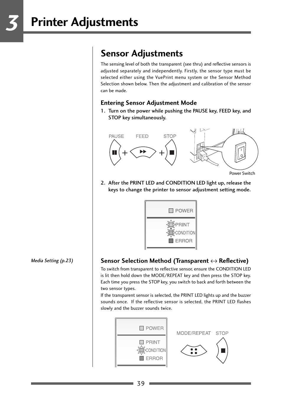 Printer adjustments, Sensor adjustments, Entering sensor adjustment mode | Sensor selection method, Sensor selection method (transparent, Reflective), P.39) | Dascom 7106 User Guide User Manual | Page 39 / 56