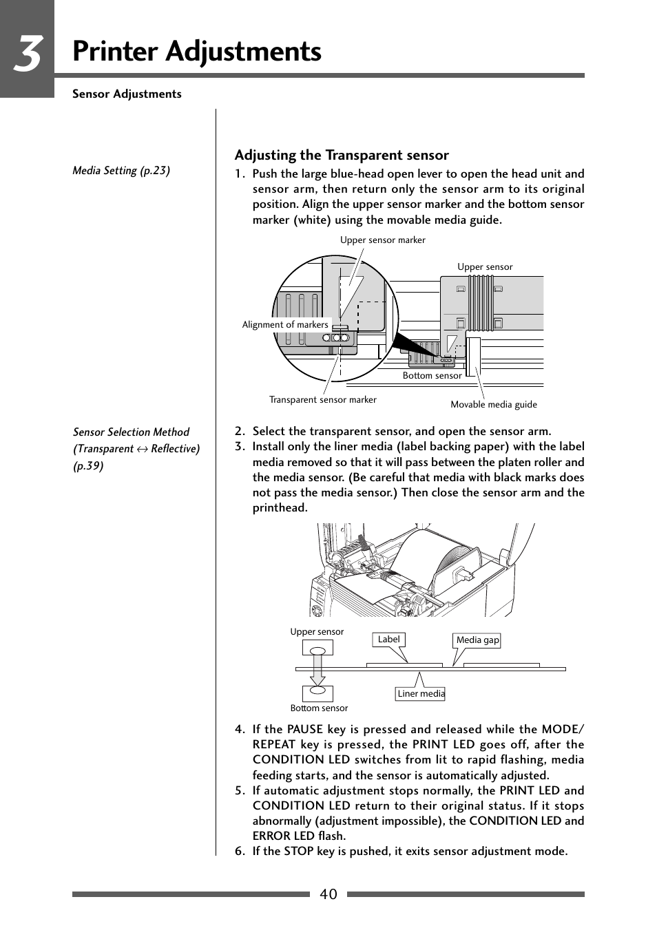 Adjusting the transparent type sensor, Adjusting the transparent sensor (p.40), Printer adjustments | Dascom 7106 User Guide User Manual | Page 40 / 56