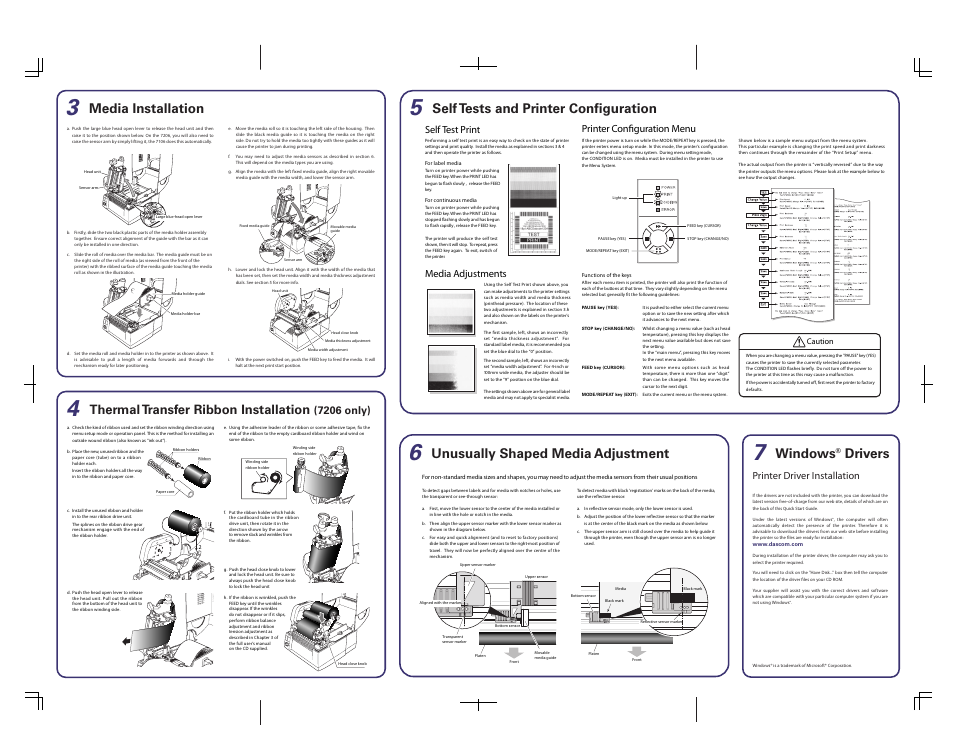 Media installation, Unusually shaped media adjustment, Windows | Drivers, Self tests and printer configuration, Thermal transfer ribbon installation, Printer driver installation, 7206 only), Self test print, Media adjustments | Dascom 7206 Quick Start Guide User Manual | Page 2 / 2