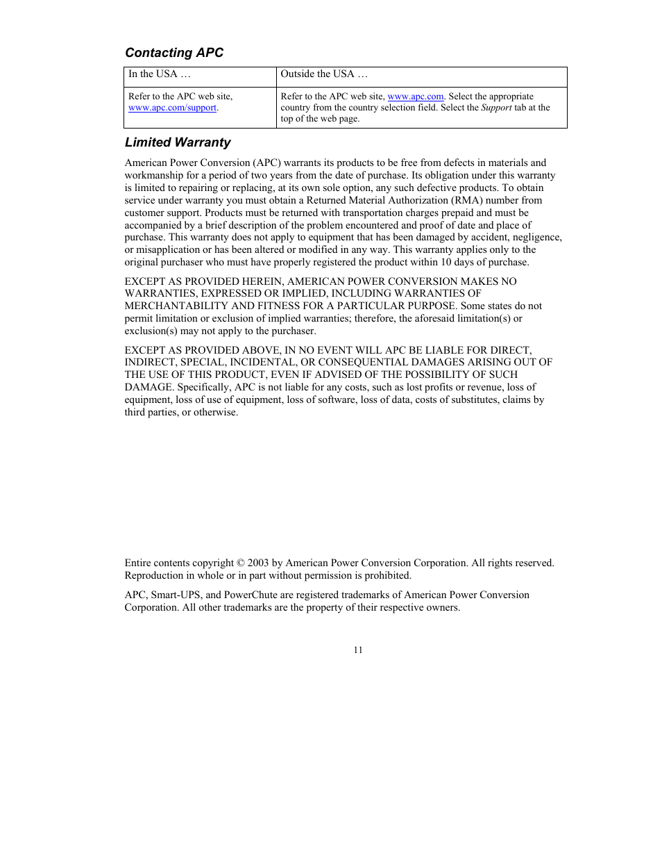Contacting apc, Limited warranty | APC 990-1387A User Manual | Page 15 / 15