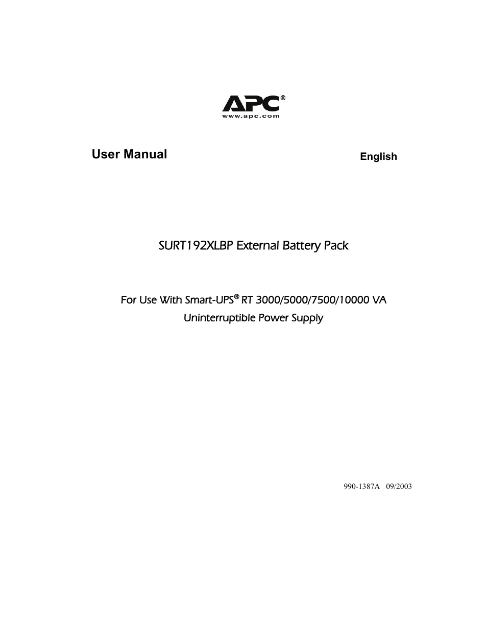 User manual, Surt192xlbp external battery pack | APC 990-1387A User Manual | Page 3 / 15