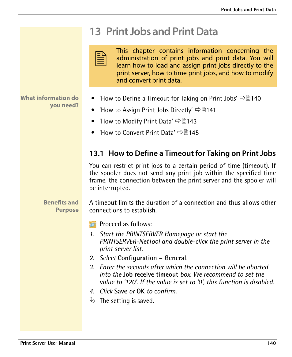 13 print jobs and print data, 1 how to define a timeout for taking on print jobs | Dascom 7010 PrintServer Manual User Manual | Page 140 / 238