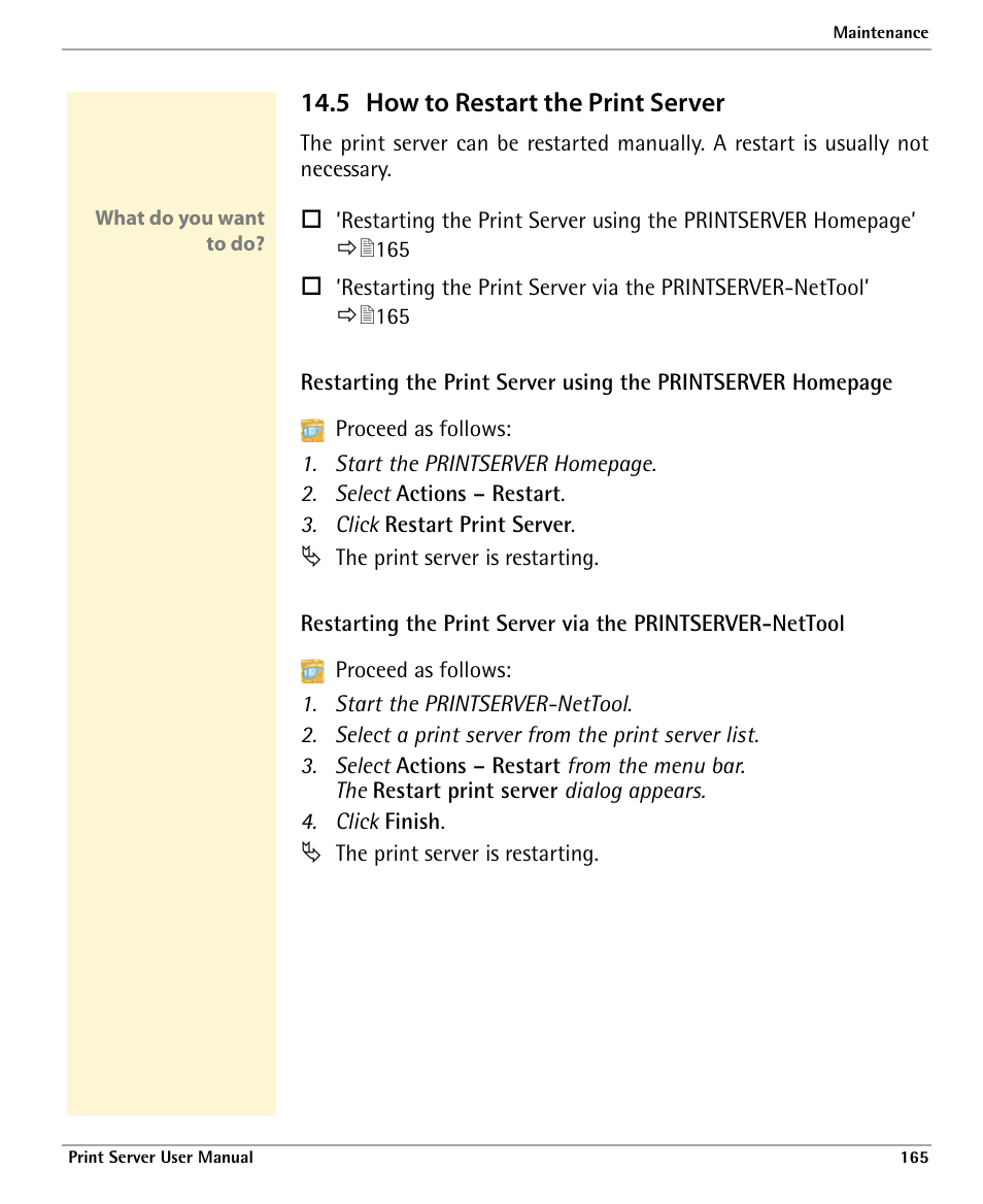 5 how to restart the print server, How to restart the print server | Dascom 7010 PrintServer Manual User Manual | Page 165 / 238