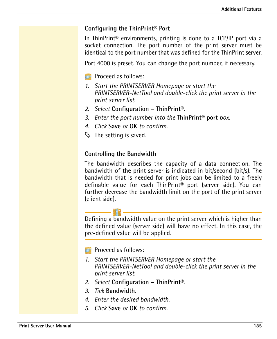 Configuring the thinprint® port, Controlling the bandwidth | Dascom 7010 PrintServer Manual User Manual | Page 185 / 238