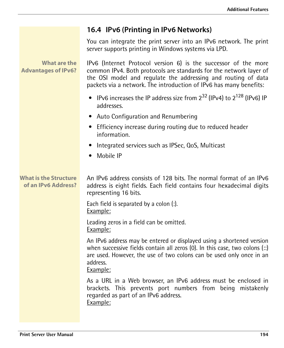 4 ipv6 (printing in ipv6 networks), Esses; see, Ipv6 (printing in ipv6 networks) | Dascom 7010 PrintServer Manual User Manual | Page 194 / 238