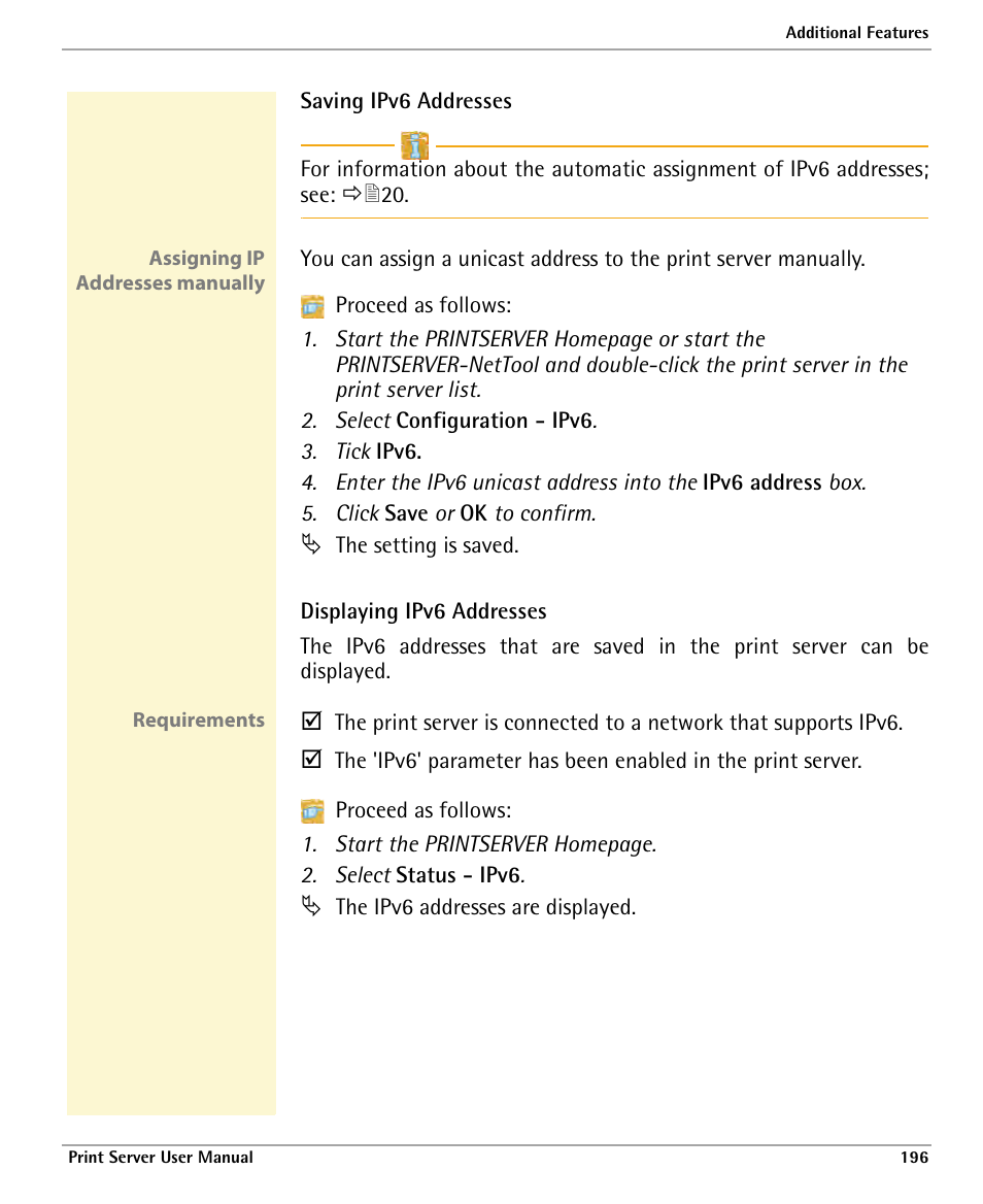 Ess manually; see, Saving ipv6 addresses, Displaying ipv6 addresses | Dascom 7010 PrintServer Manual User Manual | Page 196 / 238