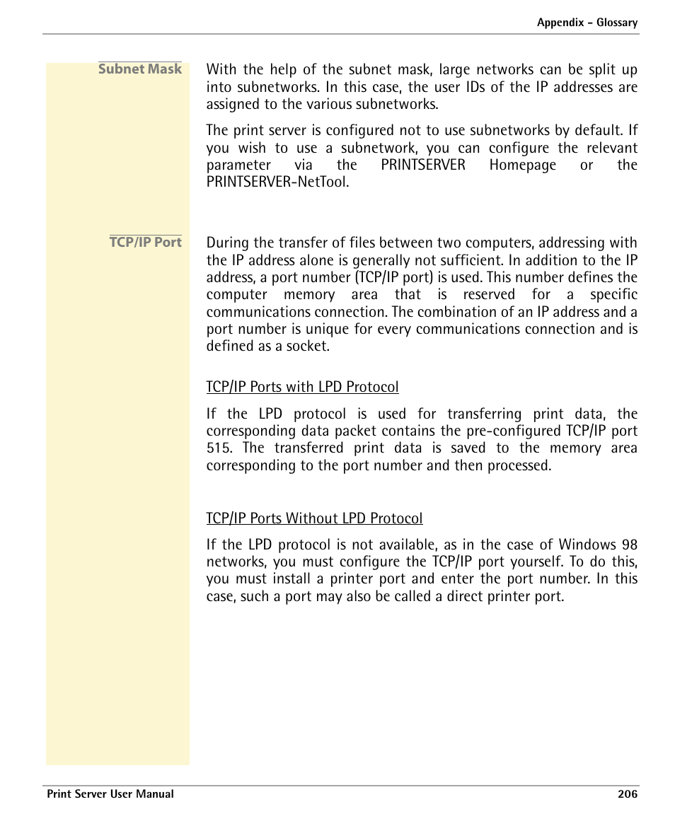 Printers; see ’tcp/ip port, Subnet mask, Tcp/ip port | Dascom 7010 PrintServer Manual User Manual | Page 206 / 238